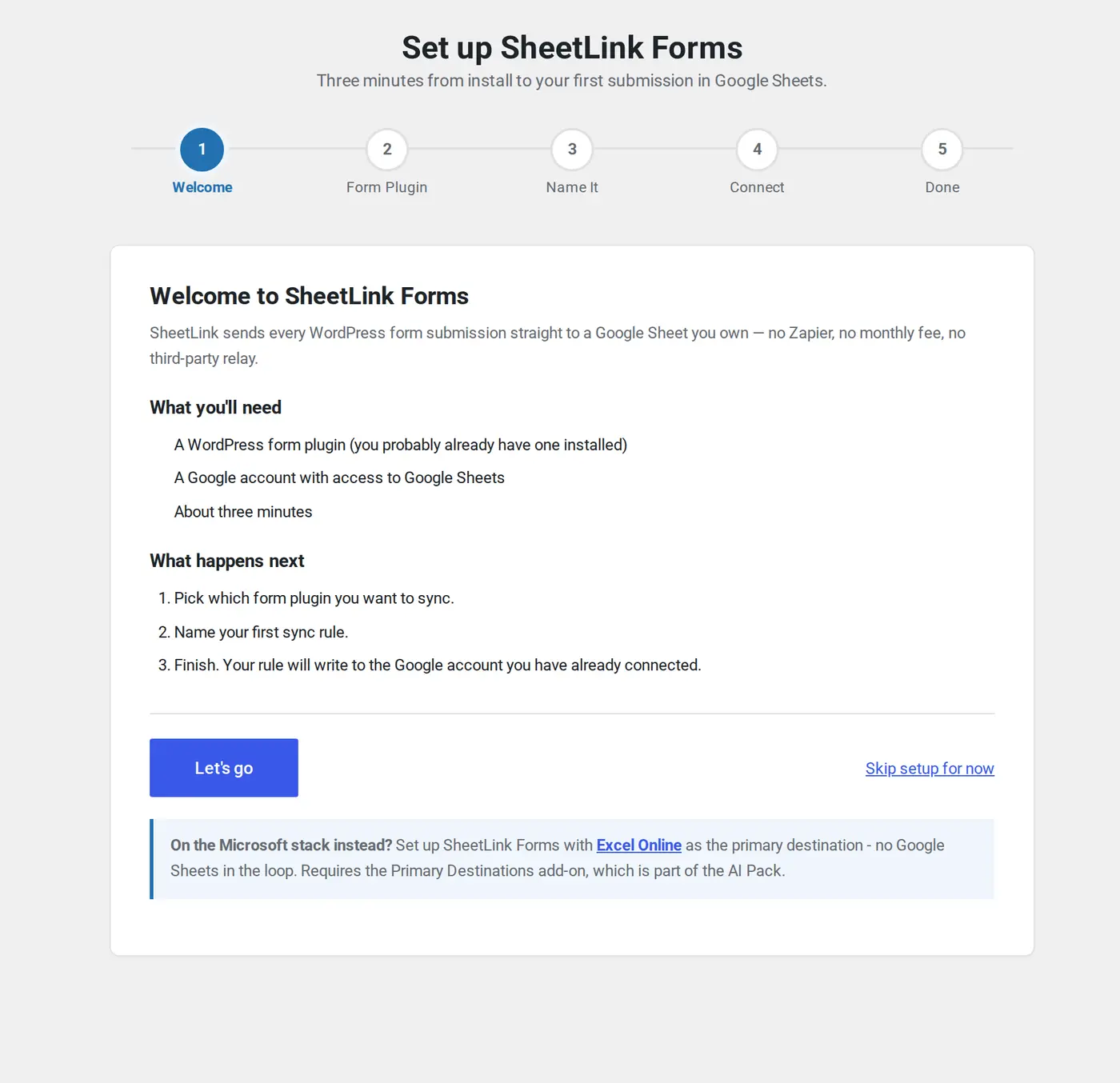 SheetLink Forms setup guide: Welcome, Form Plugin, Name It, Connect, Done